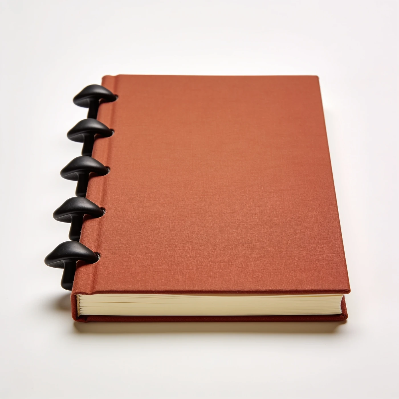 Project Disc Notebook — terracotta rigid covers; removable ivory sheets on black binding discs