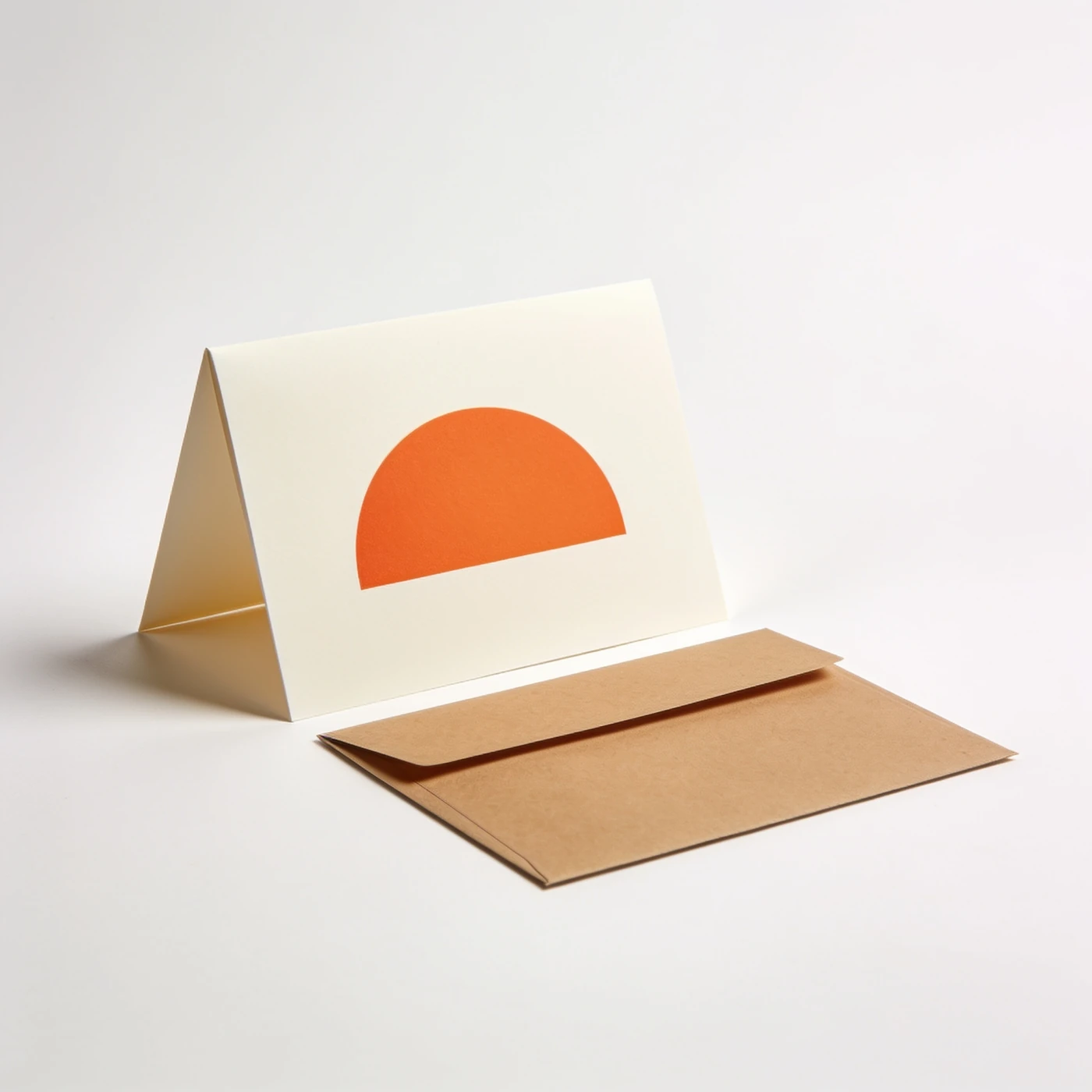 Sunrise Fold Card — single folded ivory card with original orange semicircle artwork; kraft envelope
