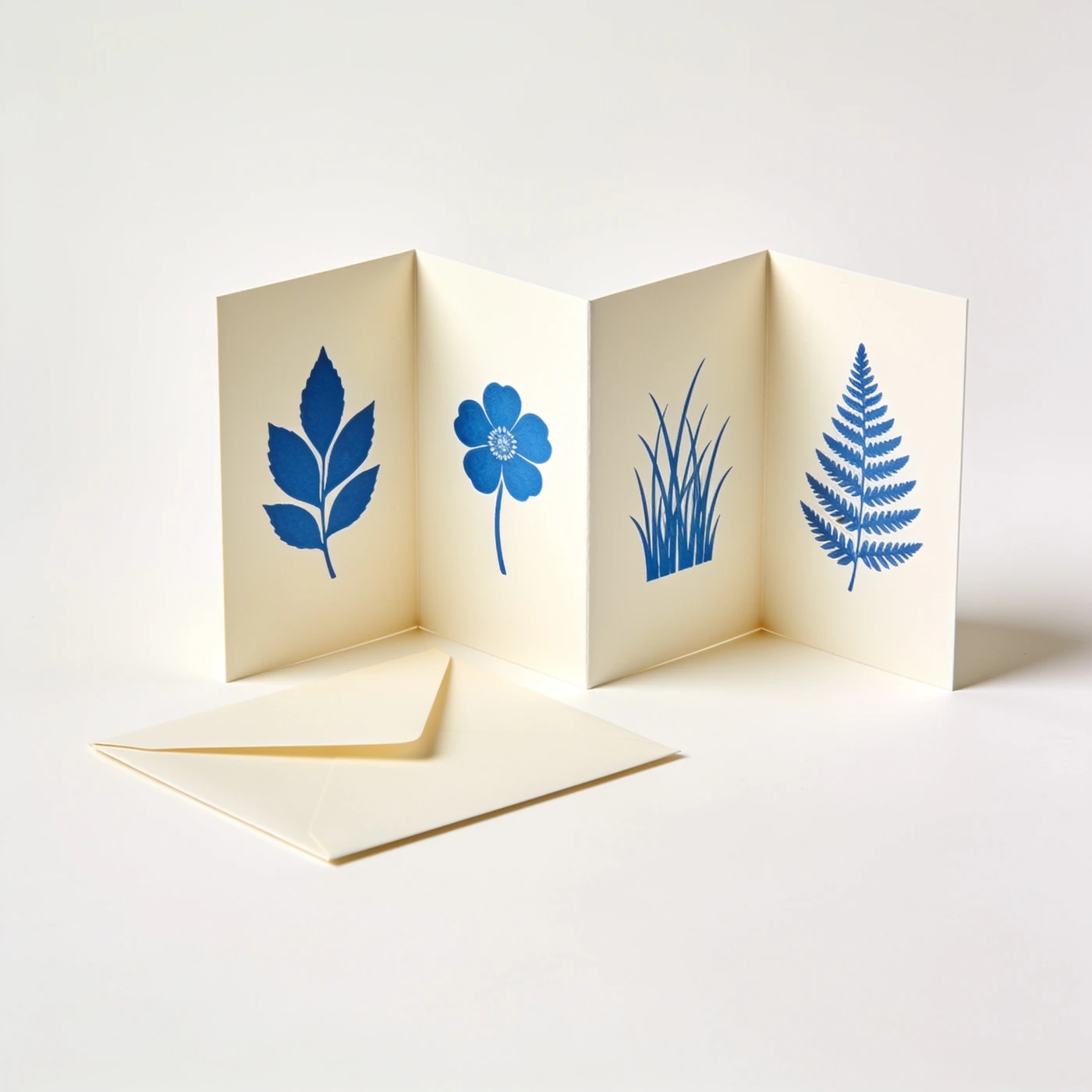 Meadow Accordion Card — four-panel concertina card with original blue botanical silhouette art; envelope