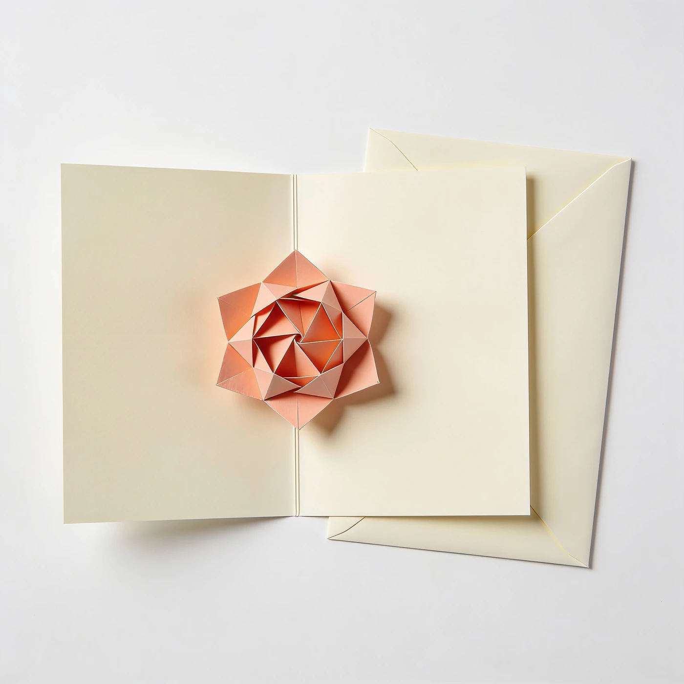 Petal Pop-up Card — cream folded card with peach geometric paper flower pop-up; envelope